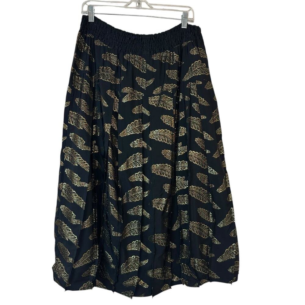 Vintage 80's Diane Fres Black & Gold Lame Leaf Design Pleated Maxi Skirt sz L/XL